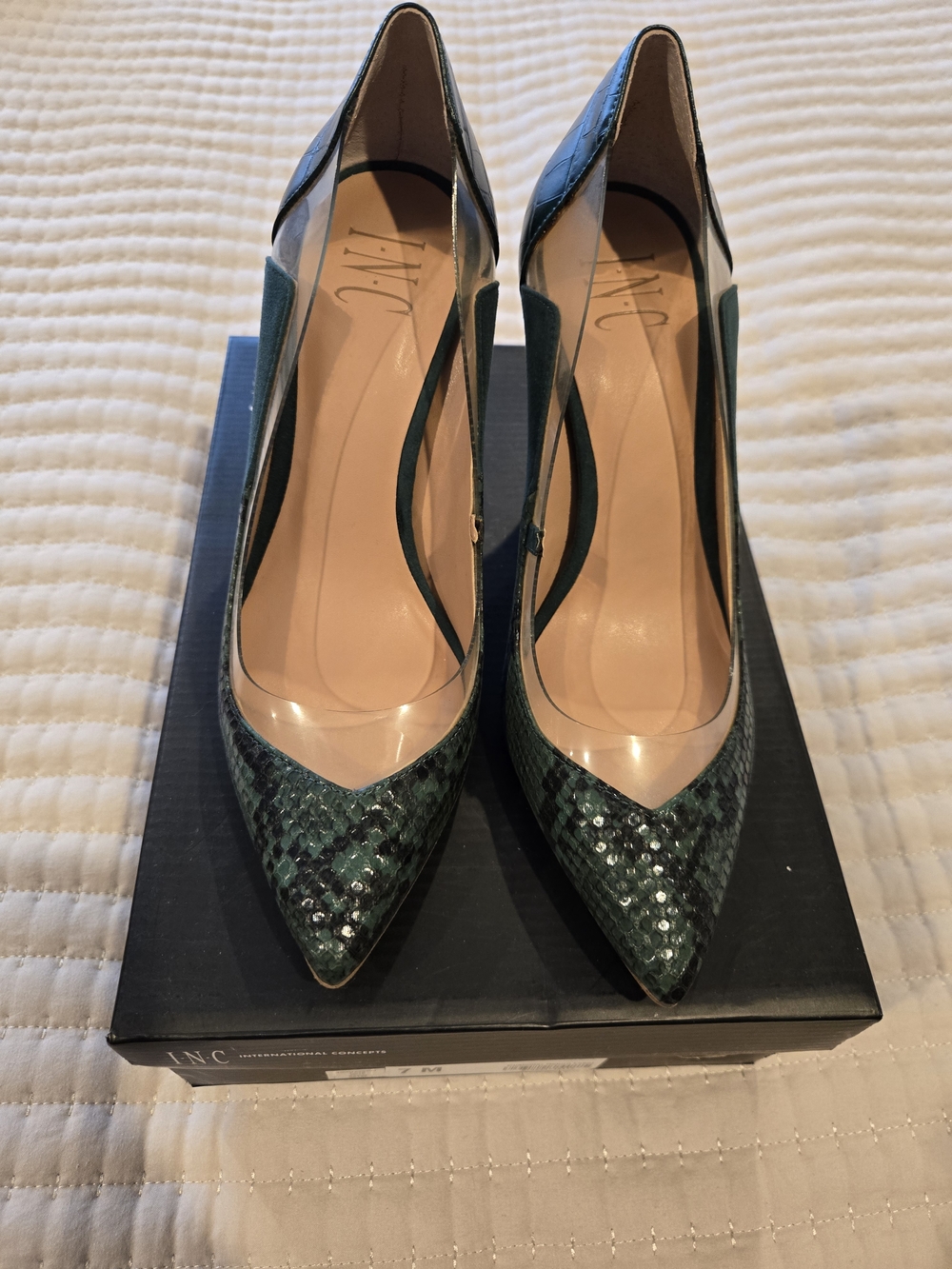INC International Concepts Green Snake-Print Pointed Toe Pumps